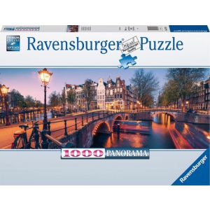 Puzzel 1000 stuks panorama avond in Amsterdam