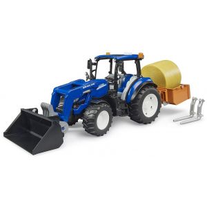 Bruder New Holland T5.120 met FL, laadbak, vorken+1ronde baal